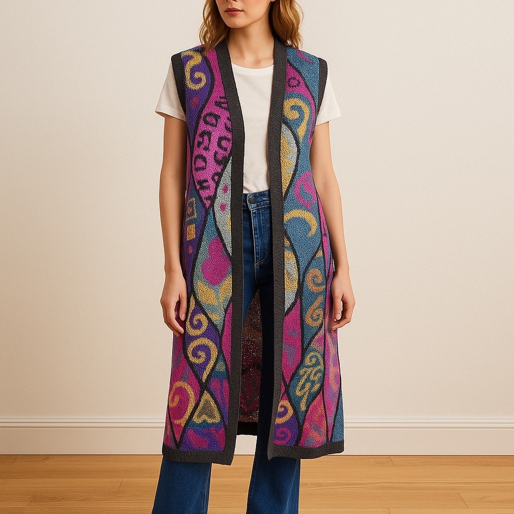Peruvian Connection 100%‎ Alpaca Hand Knit Art Boho Long Sweater Vest Duster  XL